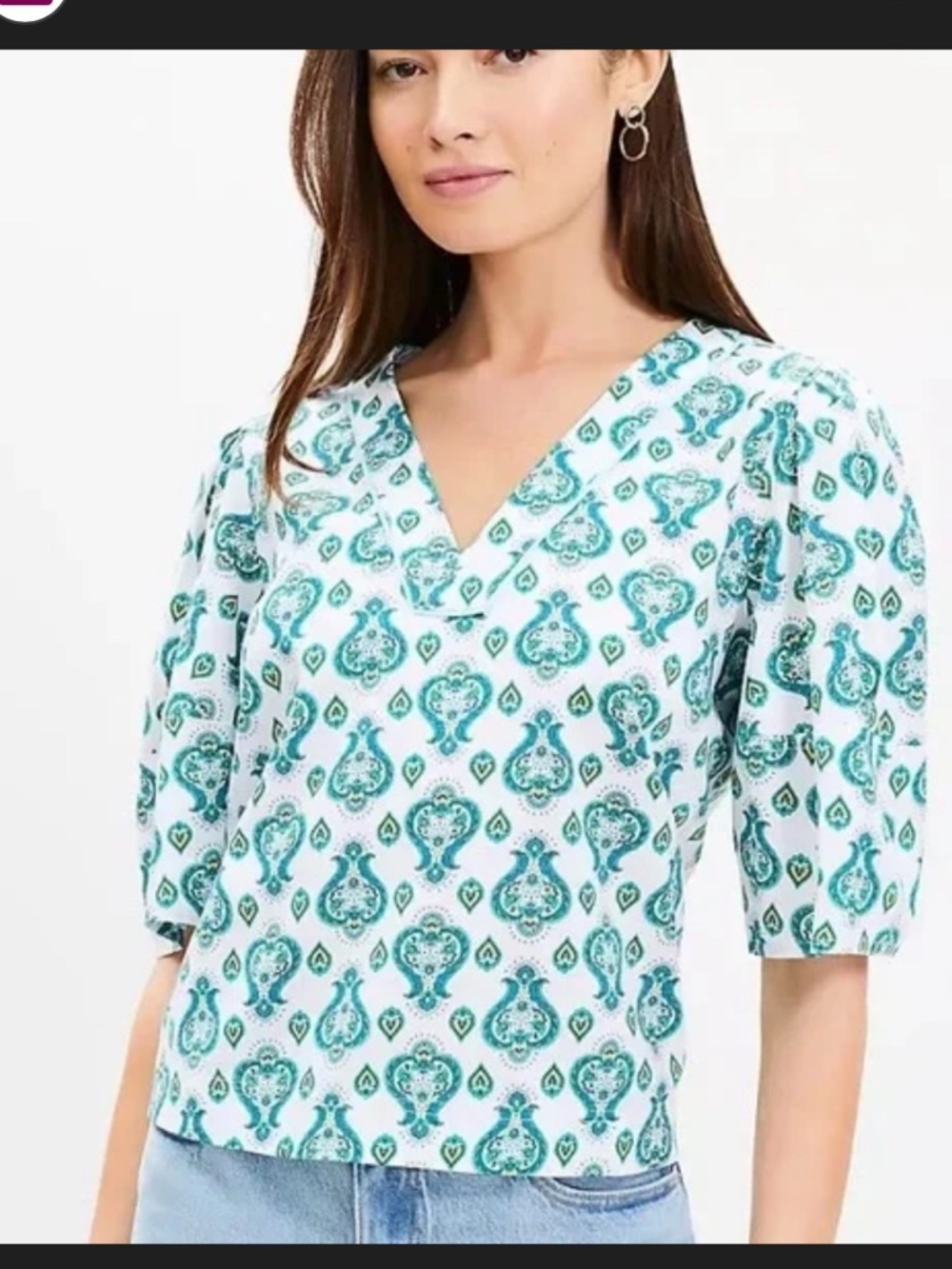 LOFT White Blouse with Green Paisley Print